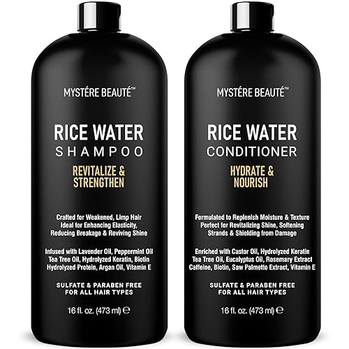 MYSTÉRE BEAUTÉ Rice Water Shampoo and Conditioner Set - Sulfate Free with Biotin, Hyaluronic Acid & Tea Tree - Strengthens, Thickens & Adds Shine