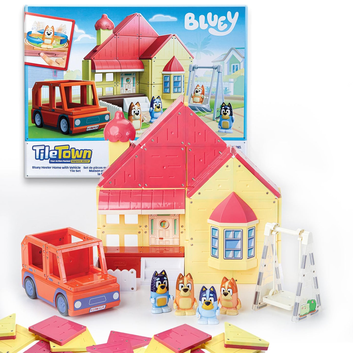 Tile Town Bluey Heeler Family Home 52-Piece Magnetic Tile Playset, Interactive STEM Magnetic Tiles Toys, Includes Bluey & Bingo Figures, Action Tiles