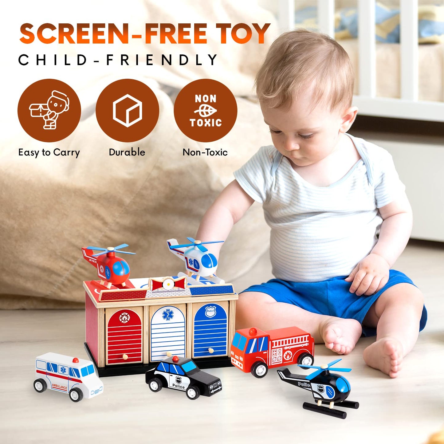 Rescue Station Wooden Playset – 2-Level Garage with Fire Truck, Ambulance, Police Car & 3 Helicopters – Emergency Vehicles for Kids 3+