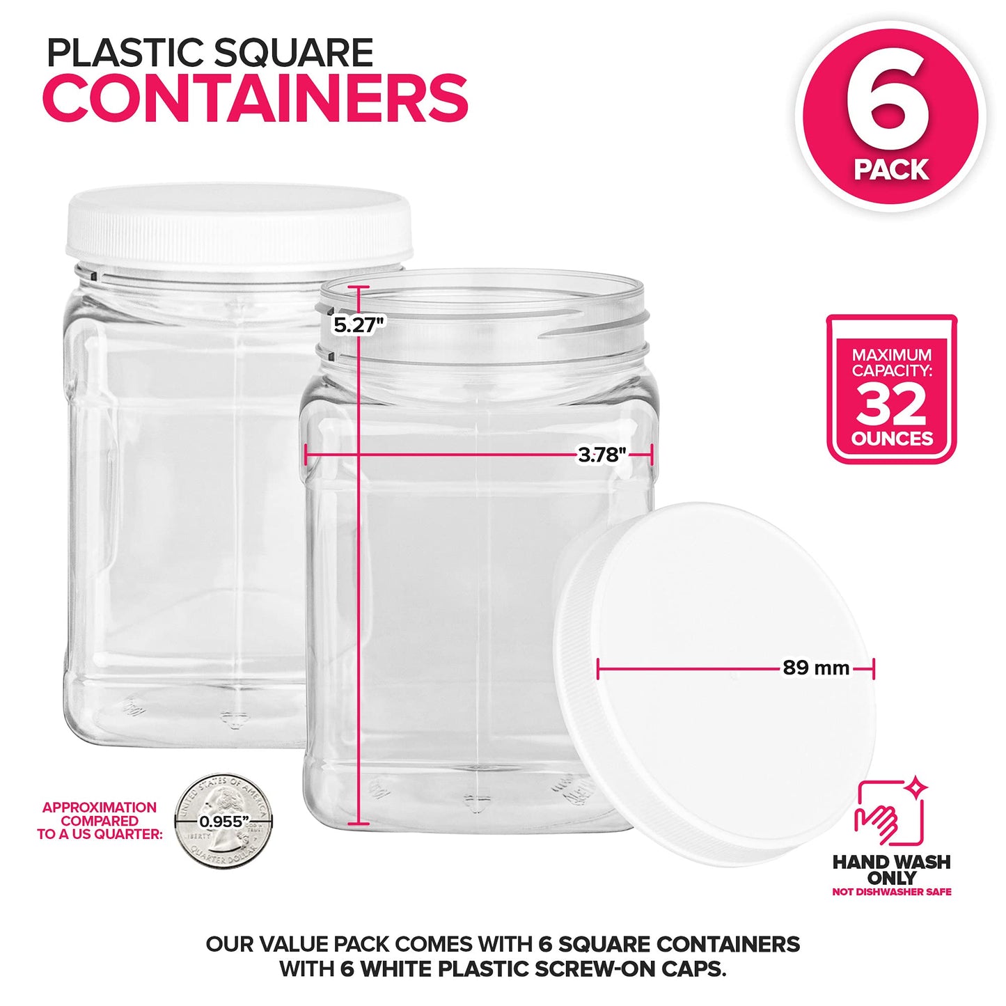 Stock Your Home Plastic Storage Jars (6 Pack) - 32 Oz Square Plastic Canisters with Lids - Shatterproof Plastic Storage Jars with Lids - Reusable…