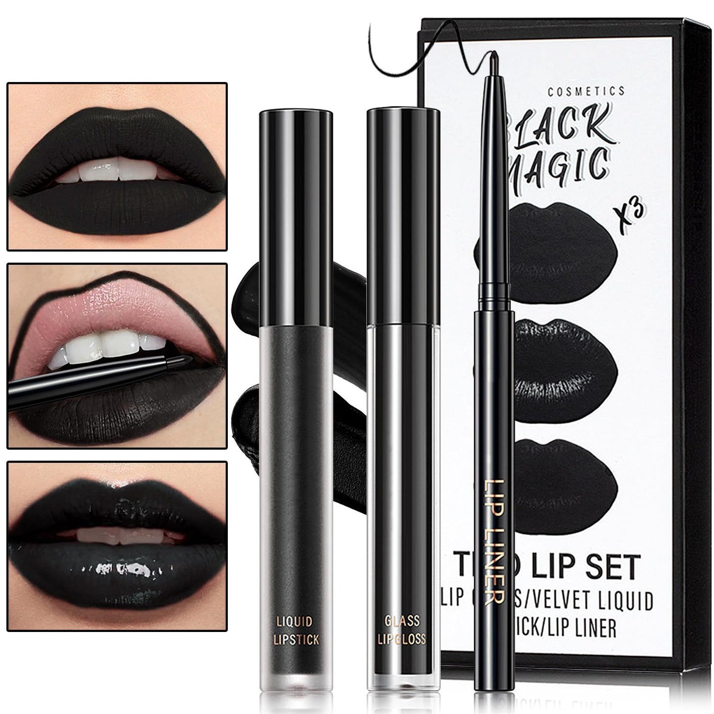 Black Matte Liquid Lipstick,3 in 1 Black Lip Liner and Lipstick Set,Matte Lip Gloss Long Lasting Moisturizing Velvet Lipgloss Make Up Gift Set Cosplay