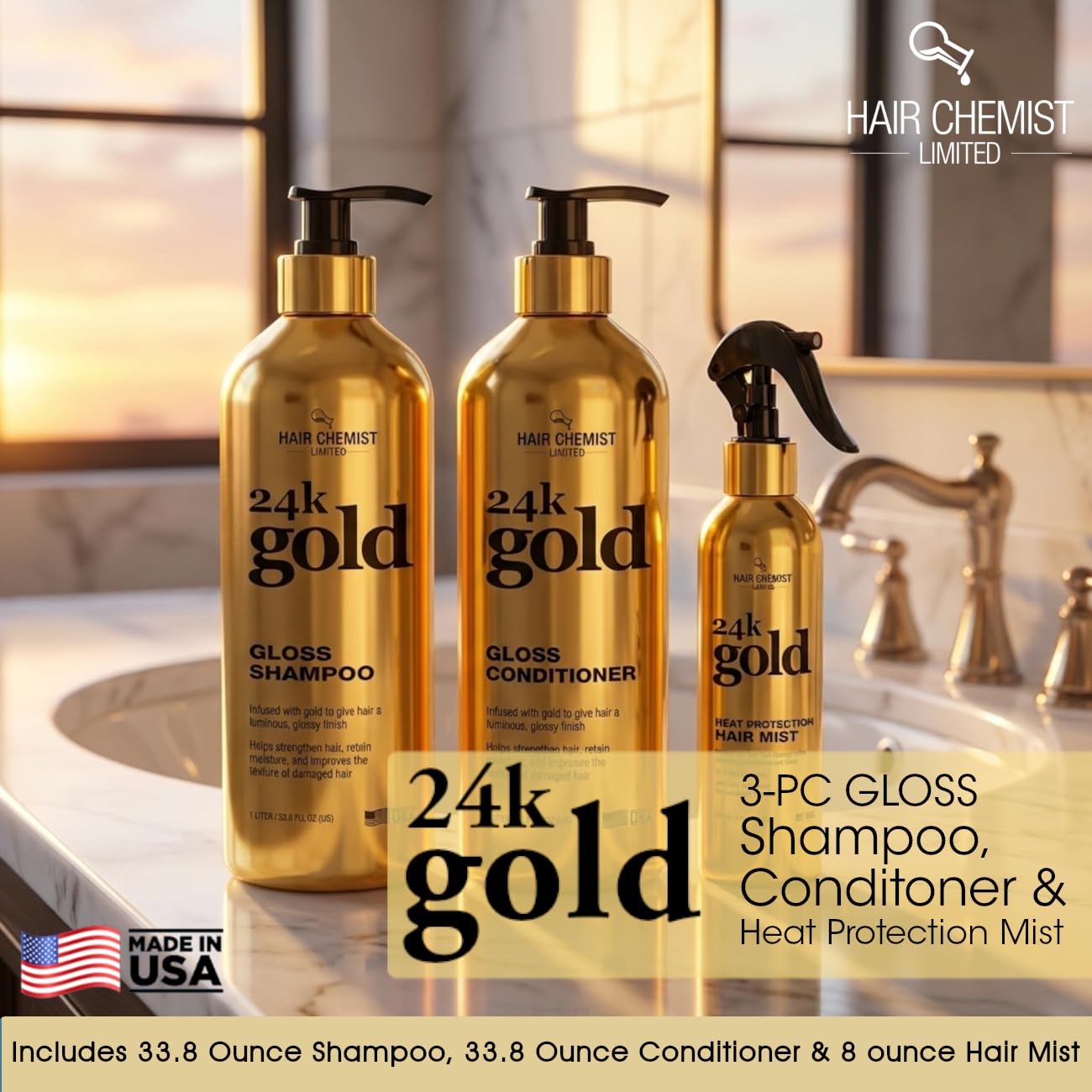 Hair Chemist 24K Gold Gloss 3-Piece Hair Care Set - Gloss Shampoo 33.8oz, Conditioner 33.8oz & Heat Protection Hair Mist 8oz - Shine Enhancing