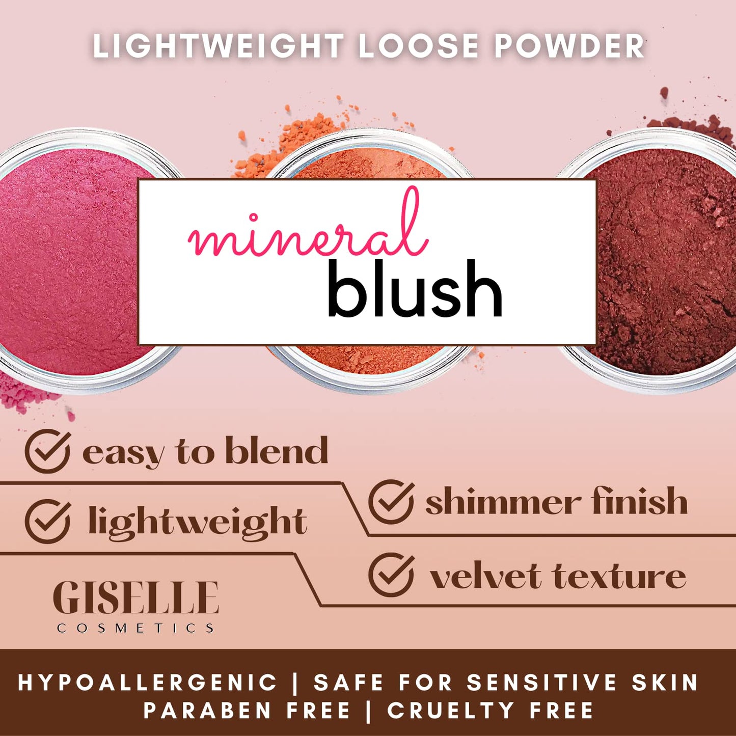 Giselle Cosmetics Giselle Doll - Blush Palette, Face Makeup, Make Up, Loose Powder, Matte Blush, Mineral Blush, Peach, Pink, Red, Travel Size, Talc