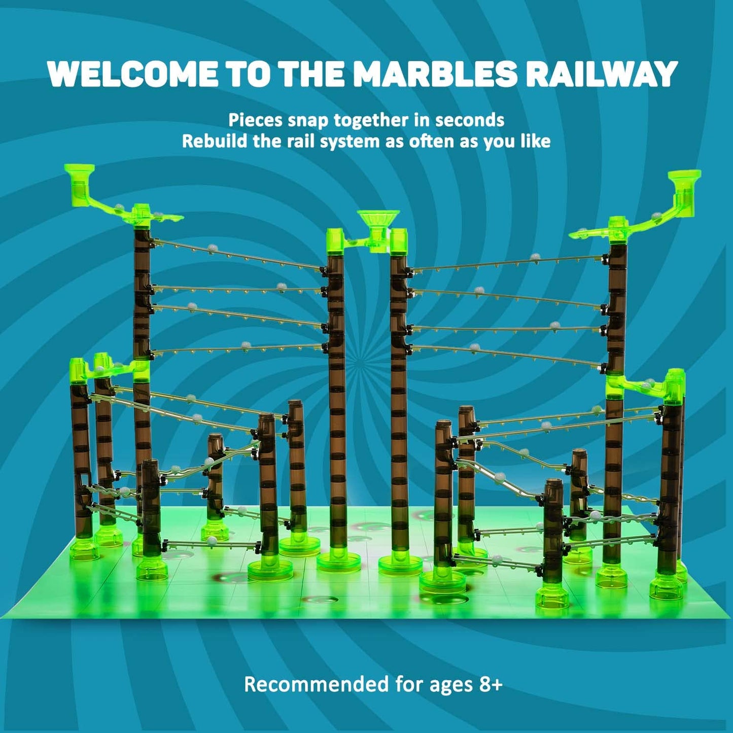 Marble Genius Marble Rails Extreme 625pcs Set – STEM Marble Run with 55 Marbles, Rails & Bases, Full-Color Instructions for Kids 8+