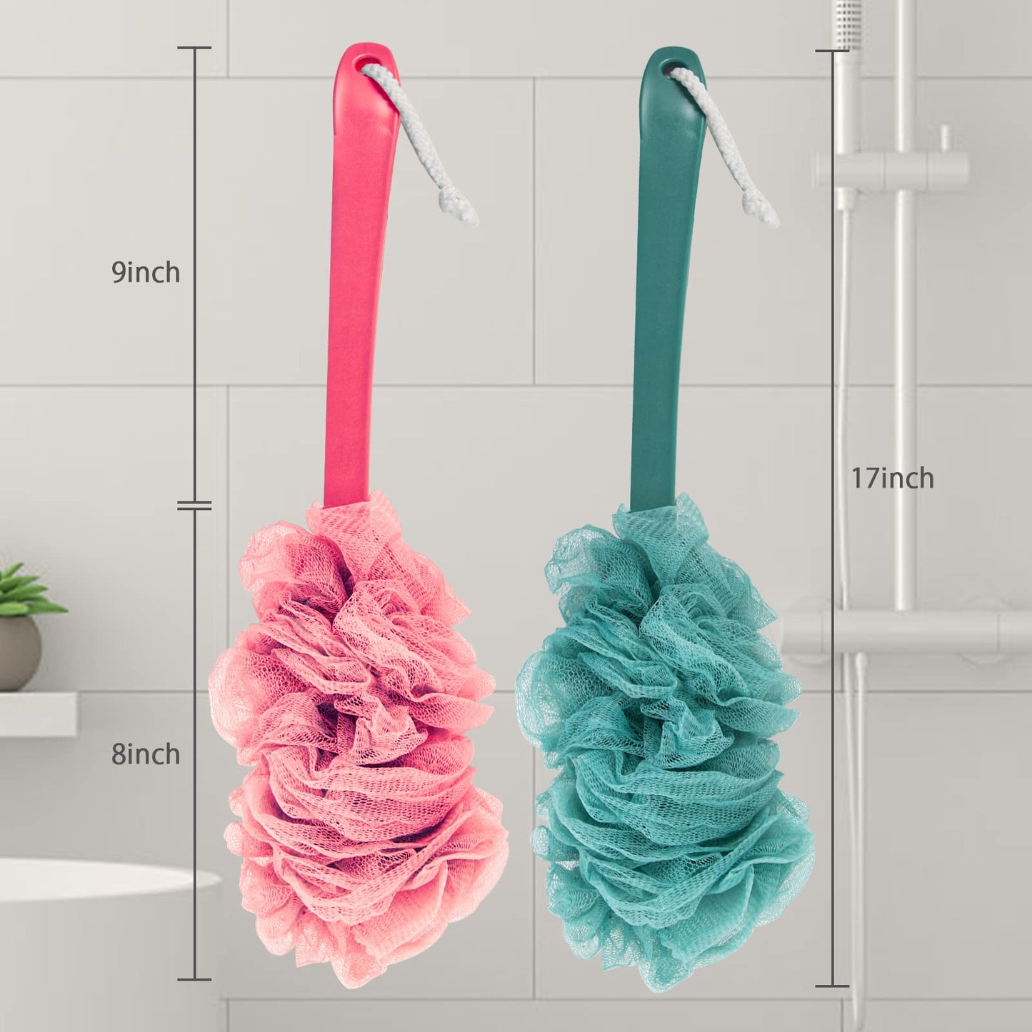 Evmliy 2Pack Back Scrubber for Shower, Loofah Sponge Brush Exfoliating Body, Long Handle Scrub Brush for Shower with Loofah on a Stick for Back Use