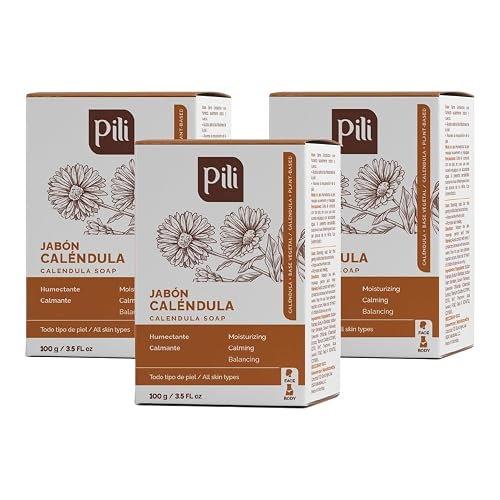 Pili Natural Calendula Soap Bars for Face and Body, for Dry or Cracked Skin, Gentle Cleanser for Men, Women and Teens (3 Pack)