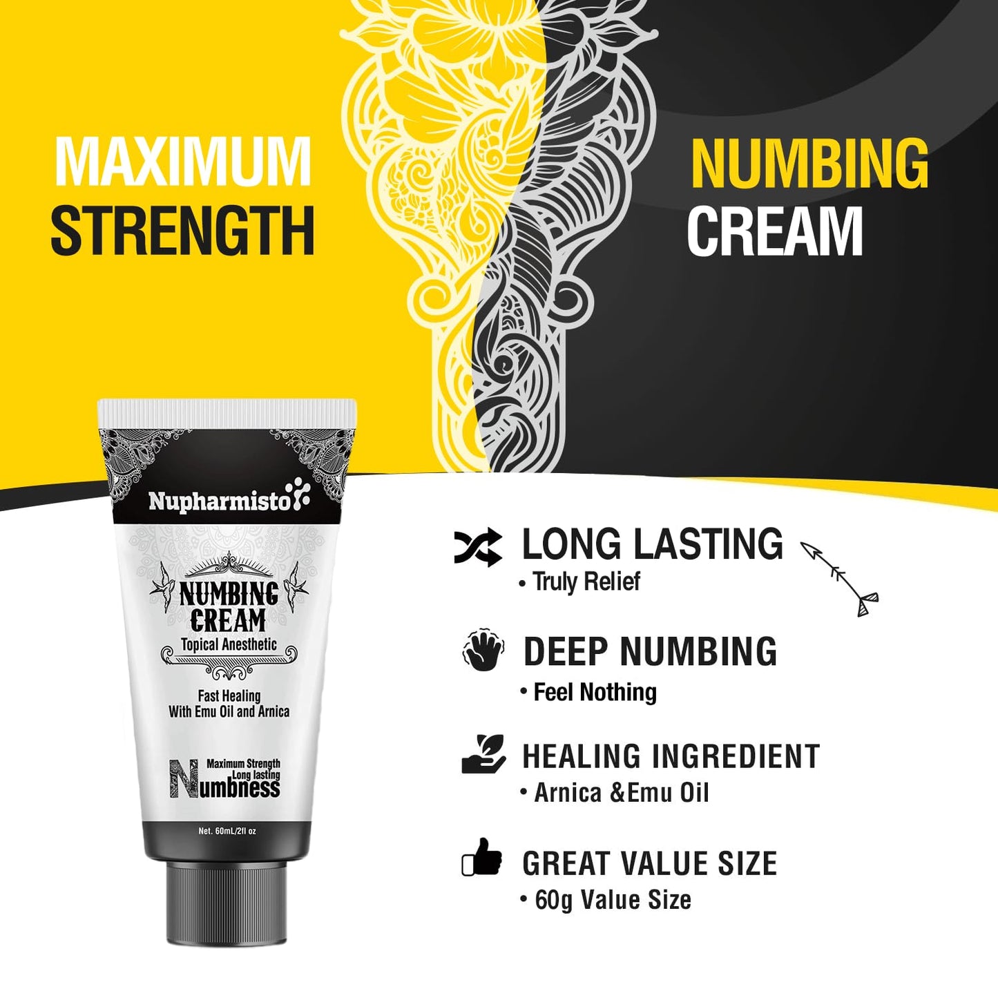 Numbing Cream Maximum Strength: Long Lasting Extra Relief with Menthol Arnica and Emu Oil for Hemorrhoids and Other Minor Anorectal Irritations 60ml Beauty and Personal Care Nupharmco