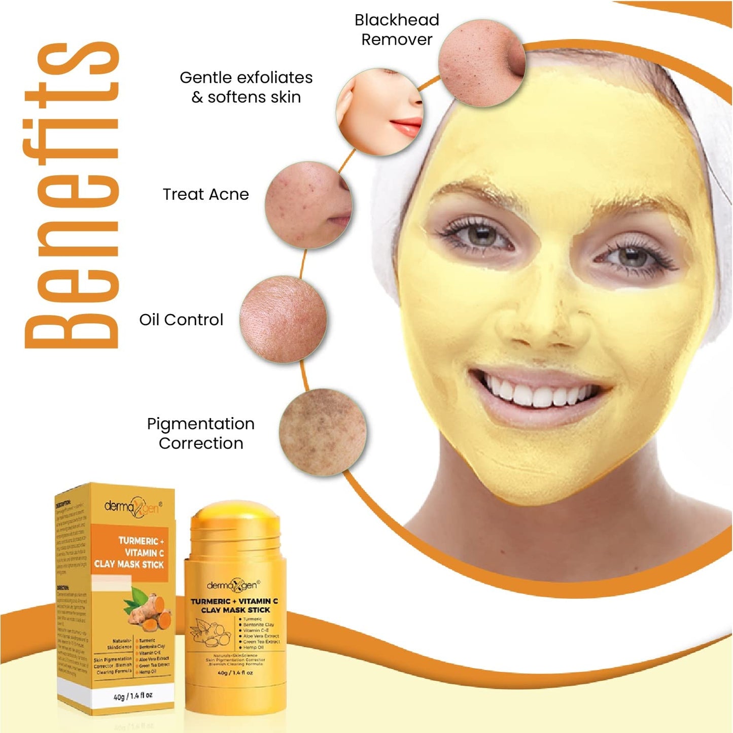 DERMAXGEN Organic Vitamin C Clay Mask Stick - Detox Clay Face Mask Stick for Acne Scars & Pore Cleansing - Clean Pores and Remove Blackheads - Improve