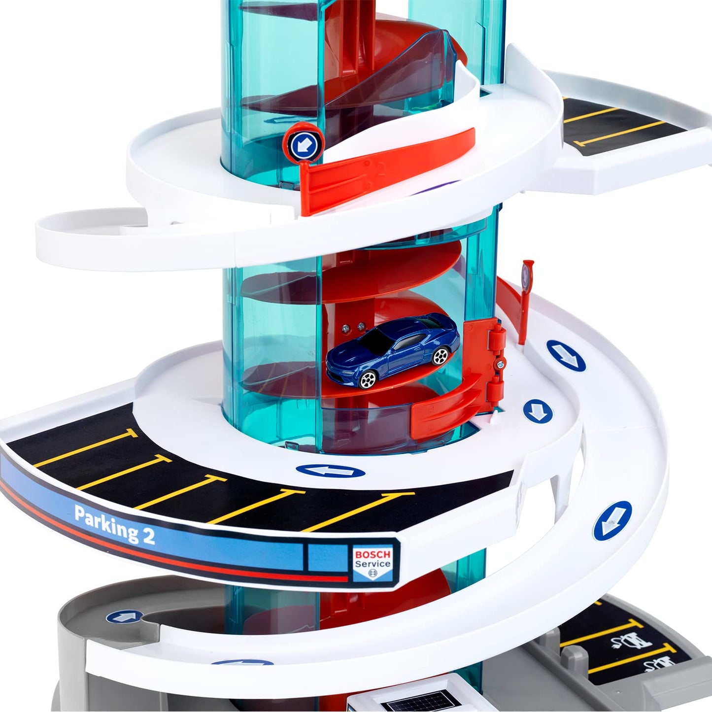 Theo Klein Bosch Car Service Helix Shaped Multi Story Parking Garage Pretend Playset Toy with 2 Toy Cars for Kids Aged 3 and Up