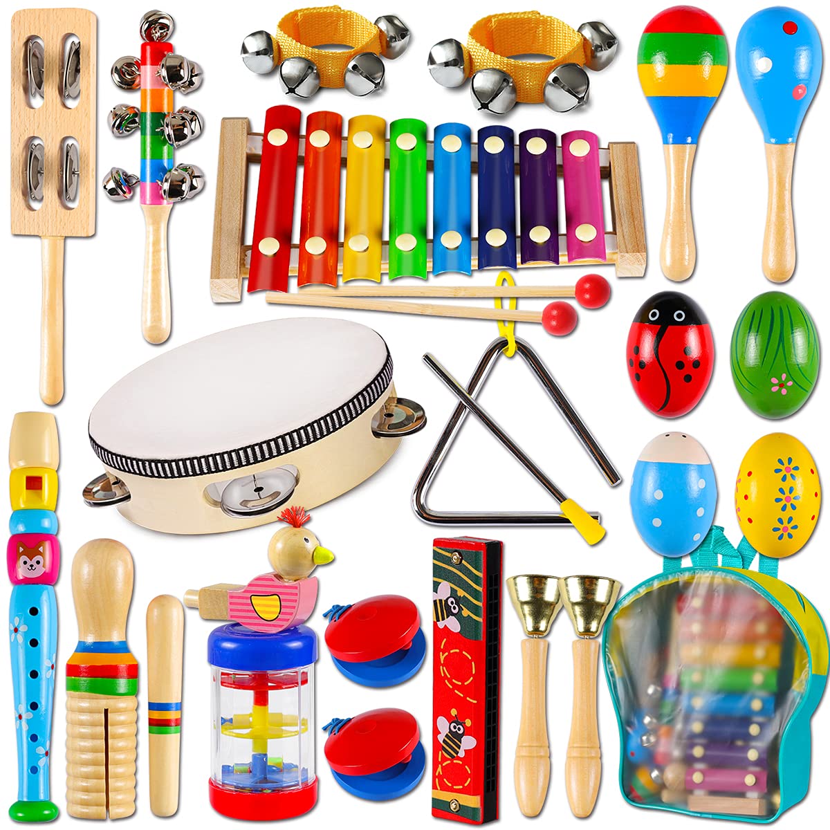 LOOIKOOS Toddler Musical Instruments – Wooden Percussion Toy Set with Storage Bag, Educational Music Toys for Kids, Boys & Girls