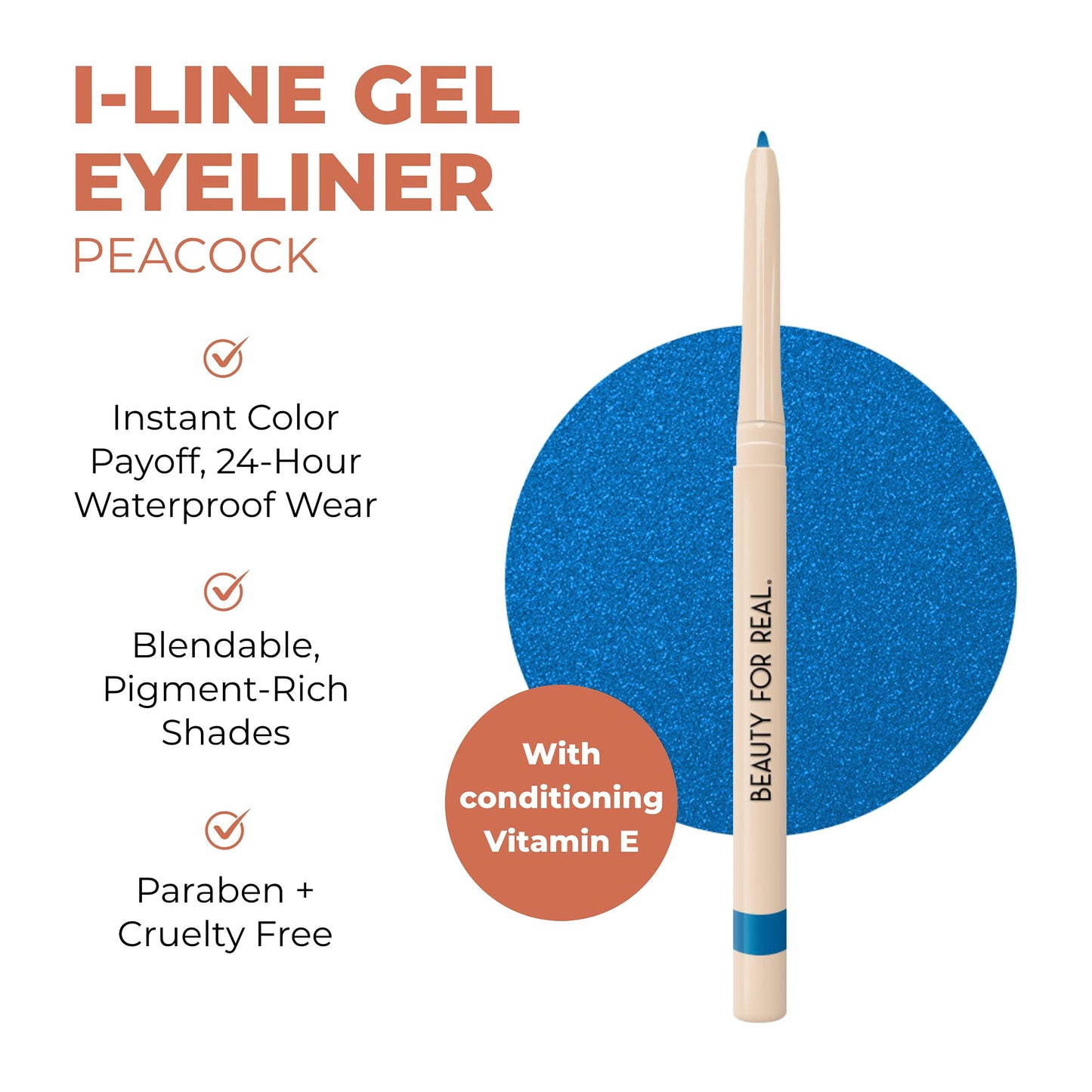 Beauty For Real I-Line 24-7 Eyeliner, Peacock - Rich, Brilliant Blue - Long-Wearing, Waterproof Gel Formula - Safe for Sensitive Eyes & Contact Lens