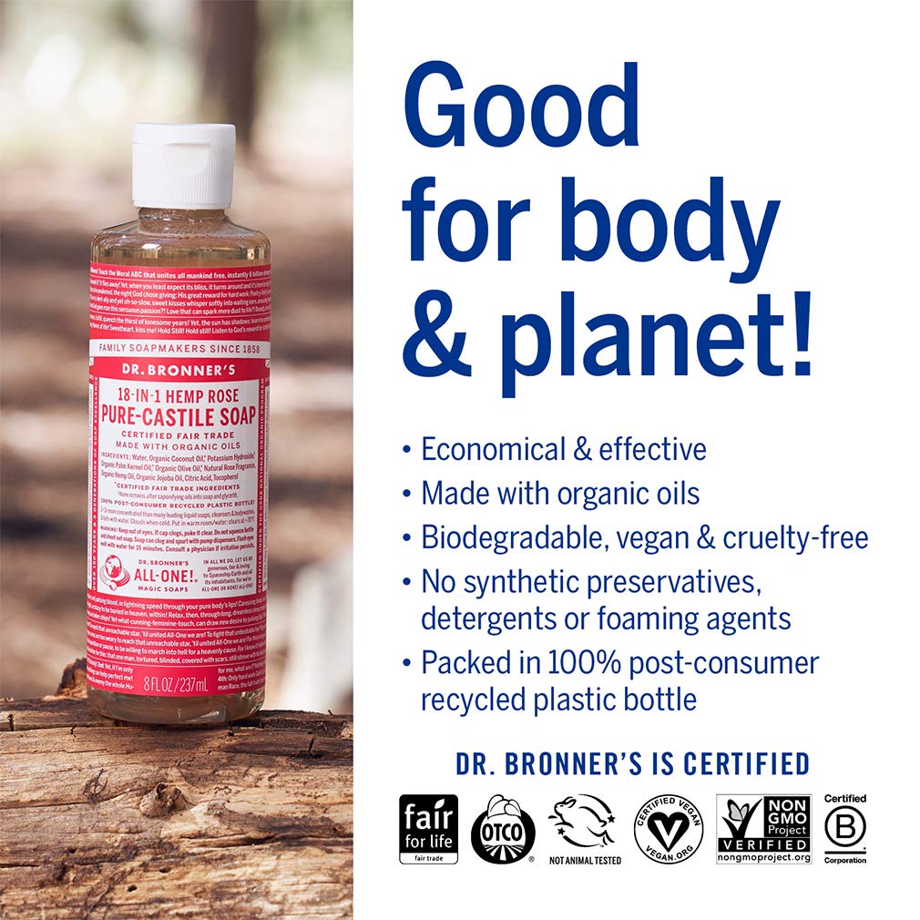 Dr. Bronner's - Pure-Castile Liquid Soap (Rose, 16 ounce) - Made with Organic Oils, 18-in-1 Uses: Face, Body, Hair, Laundry, Pets and Dishes