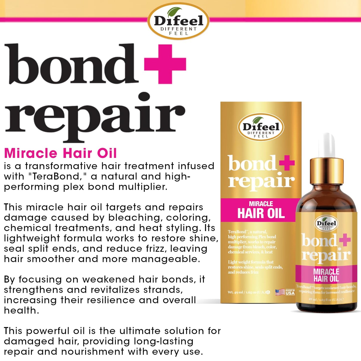 Difeel Bond & Repair Miracle Hair Oil 1.65 oz. - Deep Bond Restore Treatment Oil for Hair, Nourishing Oil Hair Treatment for Dry, Damaged Hair