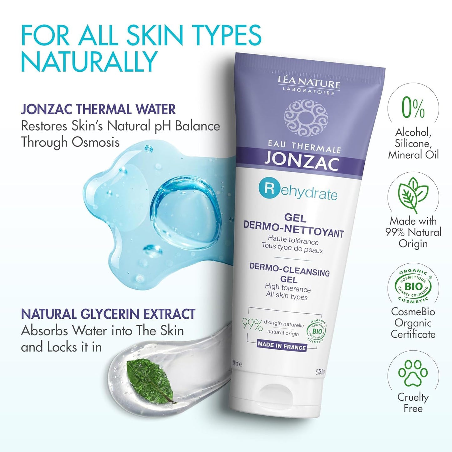 JONZAC Eau Thermale Rehydrate Organic Dermo Cleansing Gel - Gentle Daily Facial Cleanser - Sensitive Skin Approved - Leaves Skin Feeling Smooth
