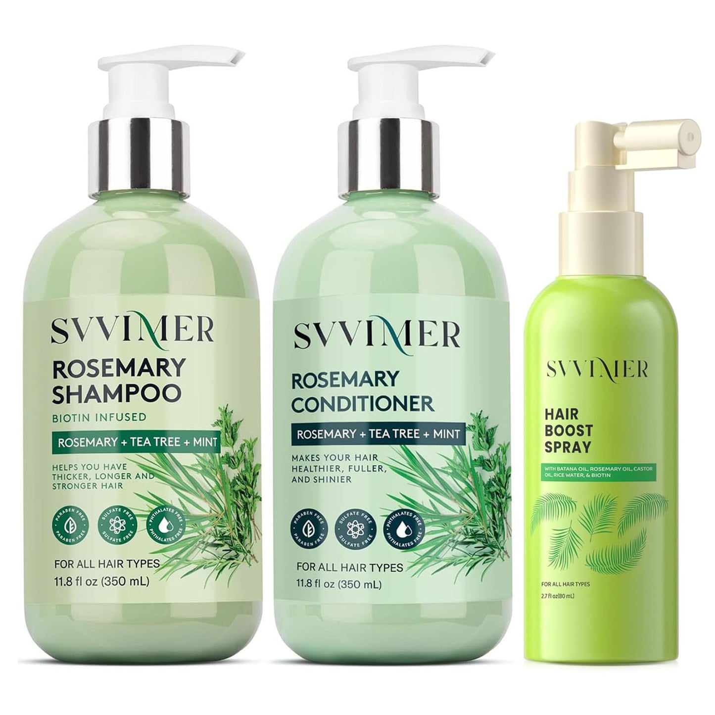 Svvimer Rosemary Shampoo and Conditioner Plus Hair Boost Spray Set - Hair Volumizing Thickening Products - 3 Products