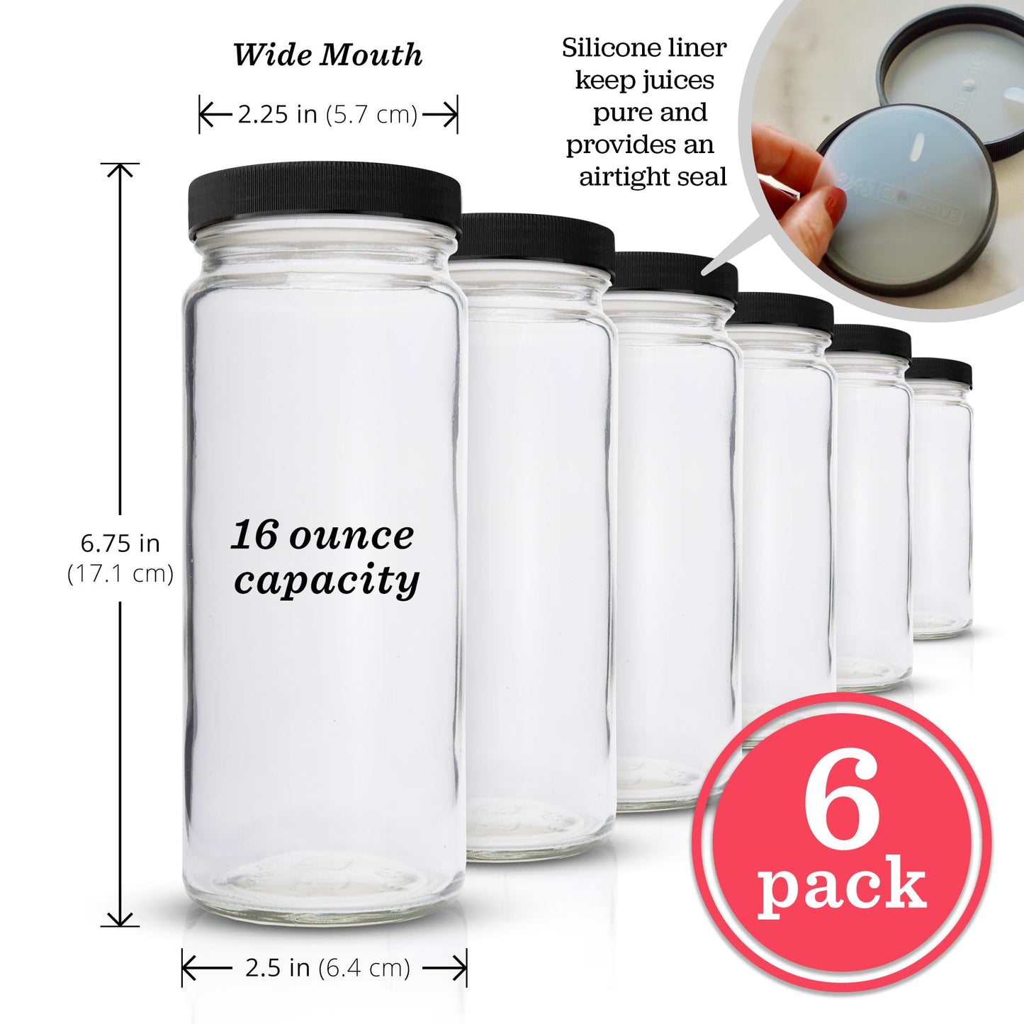 All About Juicing Clear Glass Water Bottles Set - 6 Pack Wide Mouth with Lids for Juice, Smoothies, Beverage Storage - 16 oz, Durable, Reusable