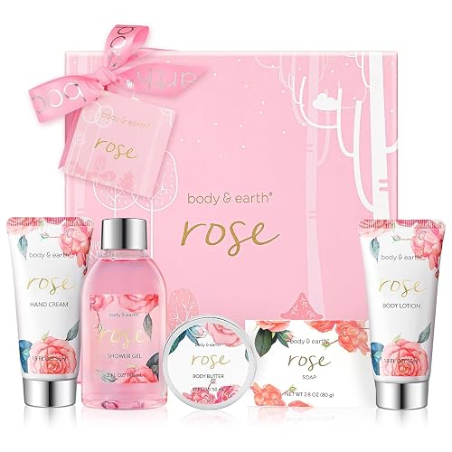 Bath and Body Gift Set for Women, Body & Earth 5 Pcs Rose Spa Gifts for Women, Self Care Kit, Lotion Set for Her, Birthday, Mothers Day Presents
