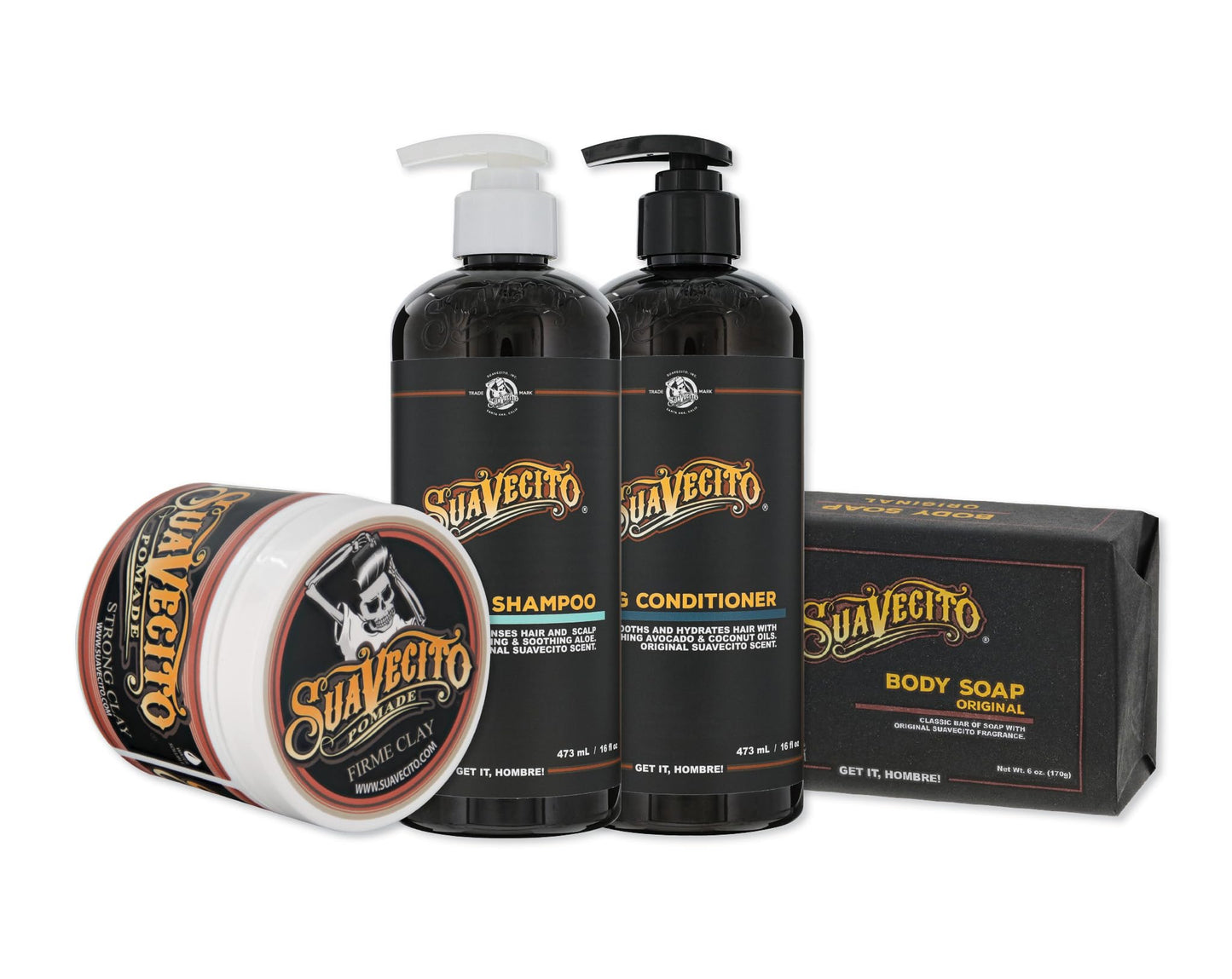 Suavecito Hair & Body Essentials Bundle: Firme Clay Hair Styling Pomade, Moisturizing Body Soap, Hydrating Shampoo & Nourishing Conditioner