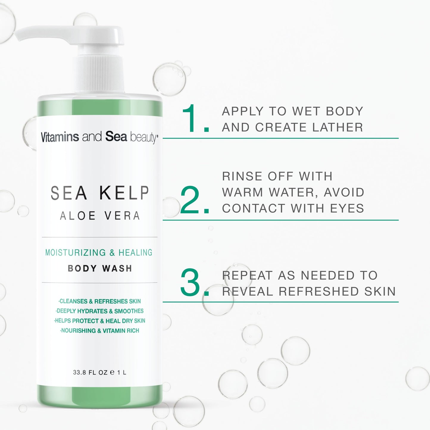 Moisturizing & Healing Body Wash with Sea Kelp & Aloe Vera - Hydrating Cleanser for Dry Skin - Vitamin-Enriched Shower Gel - 33.8 fl oz