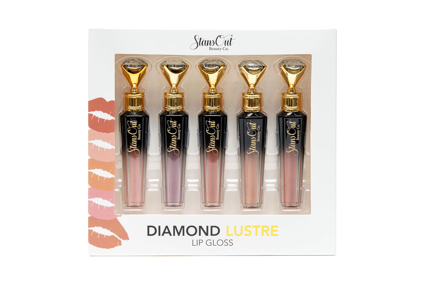 StansOut Diamond Lustre Lip Gloss Bundle - 5 Pack - New Exquisite Packaging - Fancy Warm, Light, Pink, Sugar, Bare - Vitamin E & Argan Oil Infused -