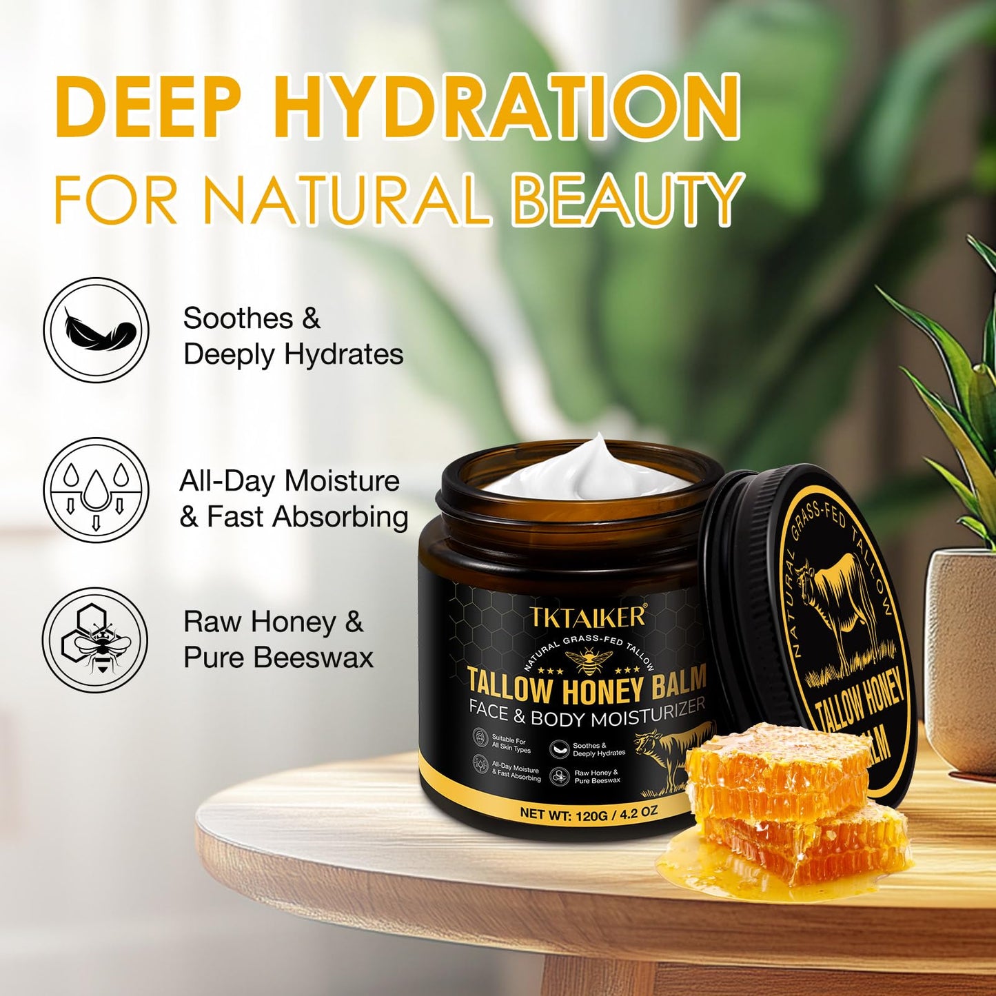 Beef Tallow for Skin, Beef Tallow for Face, Hydrating Tallow Balm with Raw Honey and Beeswax, Grass-Fed Beef Tallow & Raw Wild Honey Blend, Body Beauty and Personal Care TKTALKER