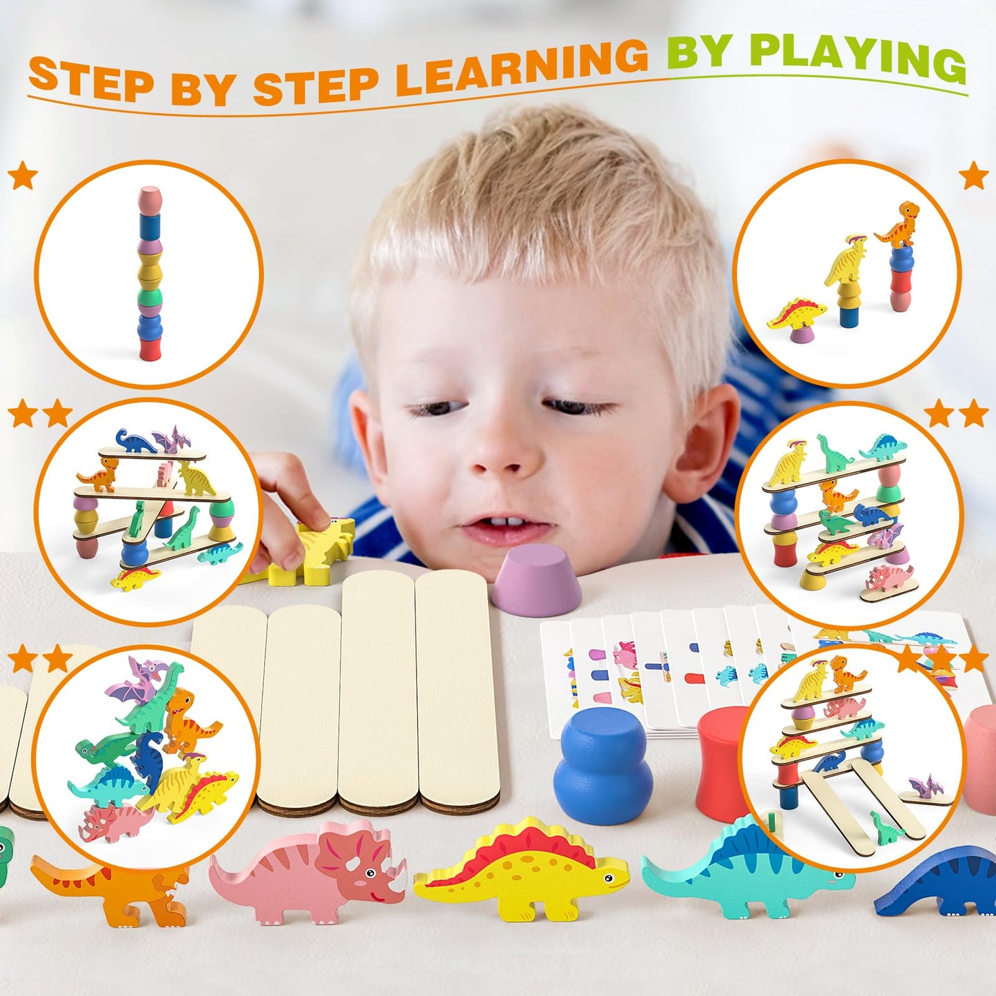 Montessori Wooden Dinosaur Toys – Sorting, Stacking & Balance Blocks for Toddlers Ages 1-4, Preschool Educational Birthday Gift