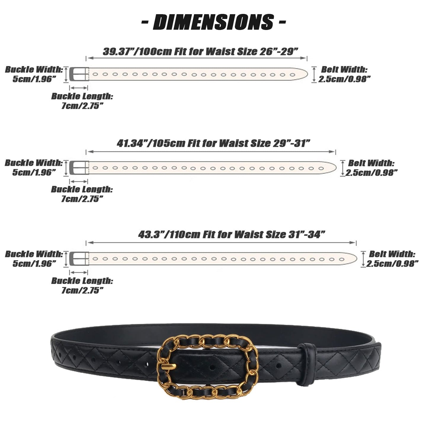 Karoukee Women Fashion Quilted Belt for Dresses Jeans Pants Designer Genuine Leather Ladies Belts with Braided Chain Buckle (Suitable for waist size…