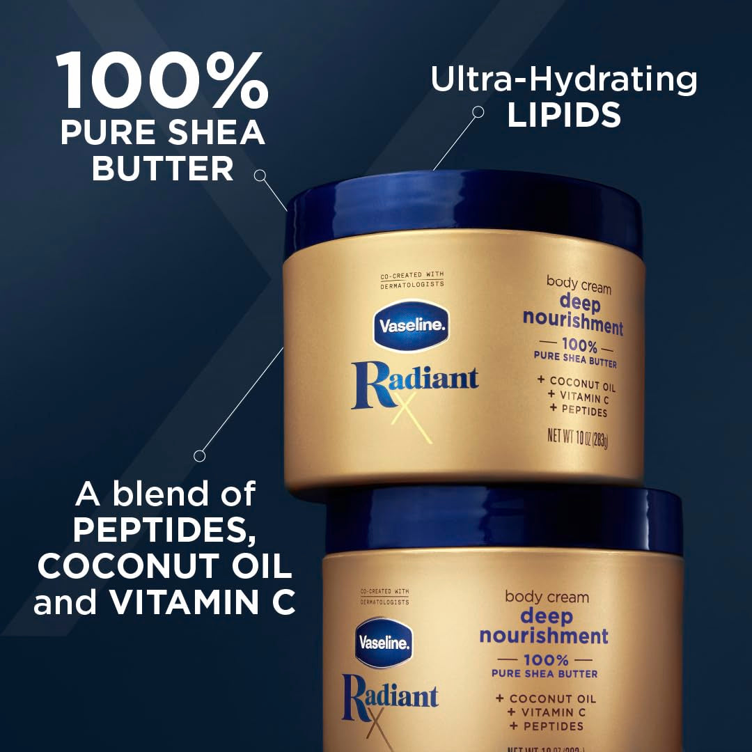 Vaseline Radiant X Deep Nourishment Body Cream 100% Pure Shea Butter, Coconut Oil, Vitamin C, & Peptides 10 oz (Pack of 6) Beauty and Personal Care Vaseline