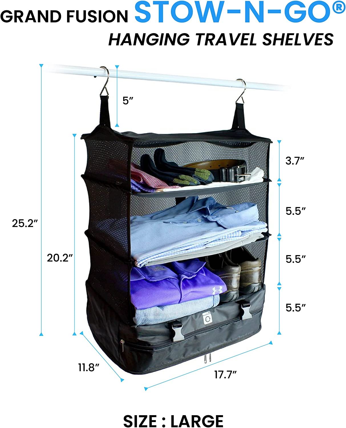 Grand Fusion Stow-N-Go Travel Luggage Organizer XL – Portable Hanging Packing Cubes & Carry-On Closet Organizer for Cruises & Hotels, Black