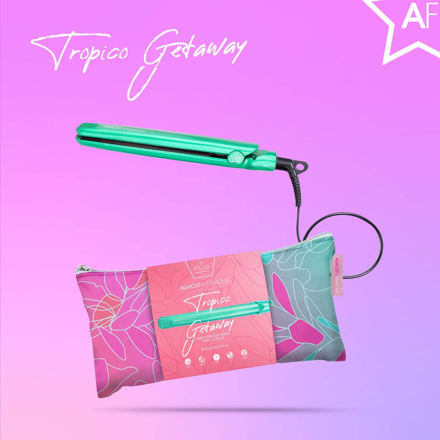 Almost Famous Tropico Getaway 0.5 inches Mini Tourmaline & Ceramic Hair Straightener Flat Iron with Stunning Travel Bag with Set Temperature, All