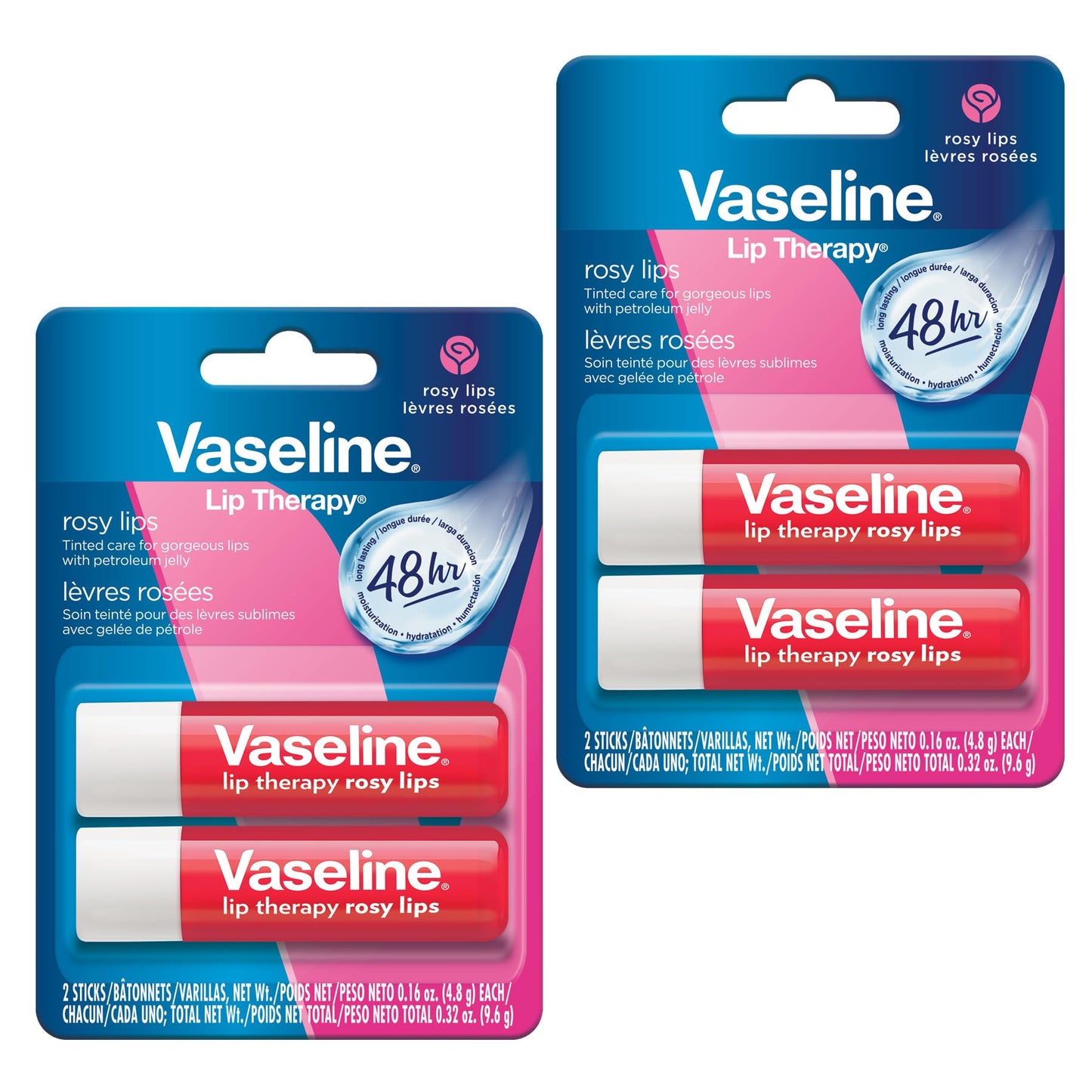 Vaseline Lip Therapy Care Rosy, Fast-Acting Nourishment, Ideal for Chapped, Dry, Cracked, or Damaged Lips, Lip Balm, 2-Pack of 2, 0.16 Oz Each, 4 Lip