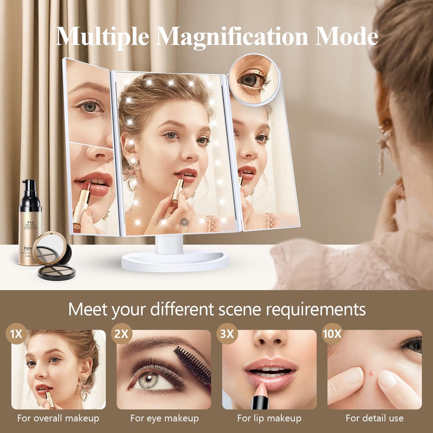 HUONUL Lighted Makeup Vanity Mirror – 2X, 3X, 10X Magnification, Touch Control, Trifold Design, White, Modern Style