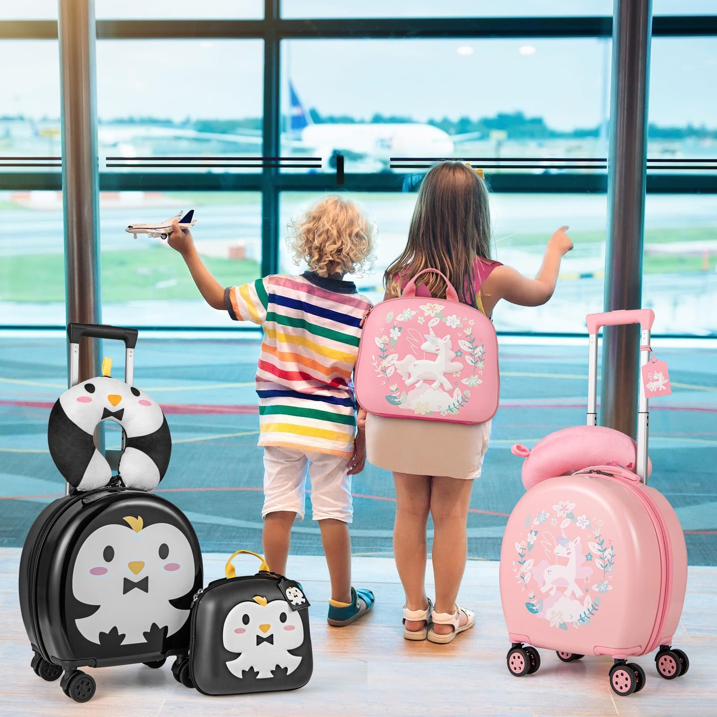 HONEY JOY Kids Luggage Set, 14 Inch Toddler Luggage & Backpack Set, Neck Pillow, Luggage Tag, Airplane Approved, 4 Piece Spinner Travel Luggage…