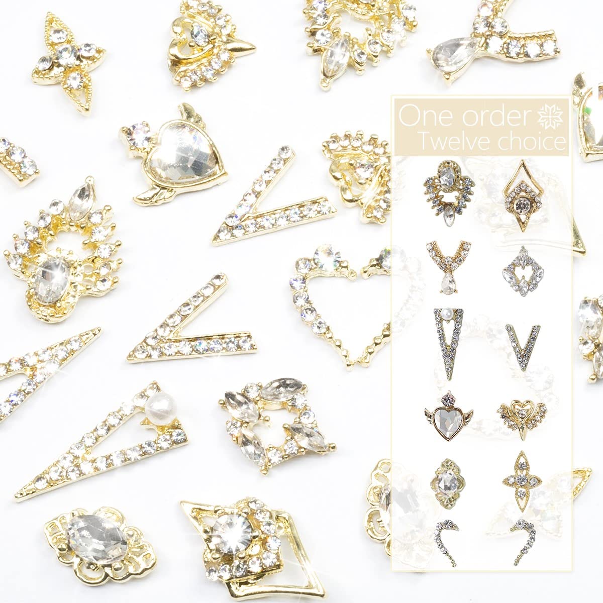 qiipii 12 Pair 3D Alloy Gold Nail Art Rhinestones - Heart Shaped Nail Charms, Golden Nail Crystal Diamonds Jewelry Stones Studs for Nails Decor Crafts