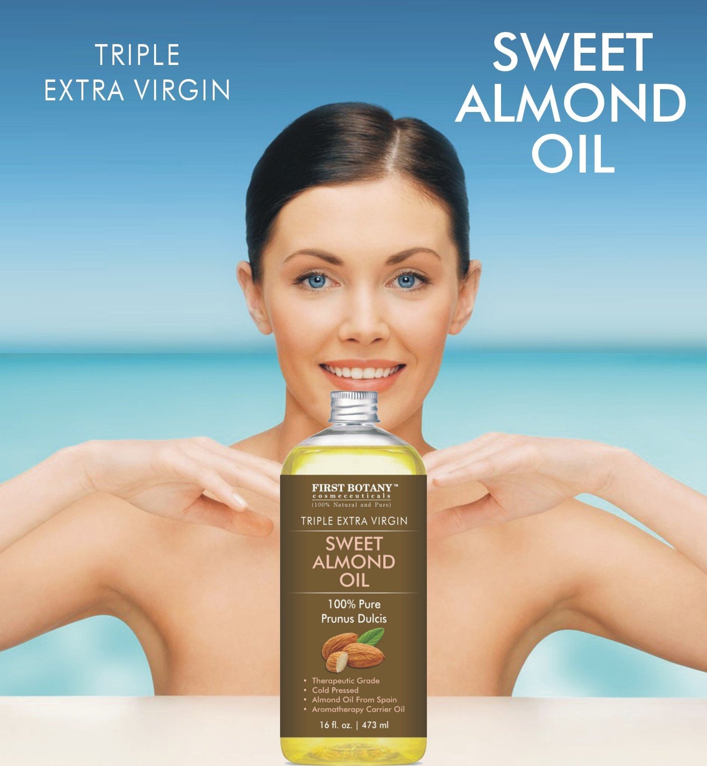 First Botany Cosmeceuticals, Cold Pressed Sweet Almond Oil - Triple AAA+ Grade Quality, For Hair, For Skin and For Face, 100% Pure and Natural