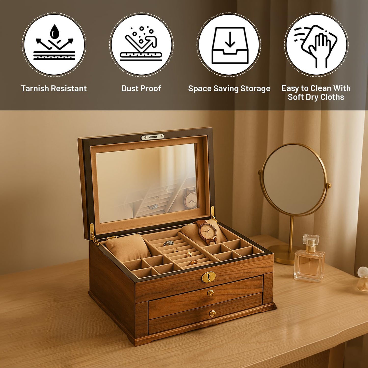 Bey-Berk Lacquered Walnut 3-Level Jewelry Box with Mirror, 2 Drawers and Locking Lid, Gold Accents, Ring Slots and Watch Pillows, 15.75" x 11" x 7"