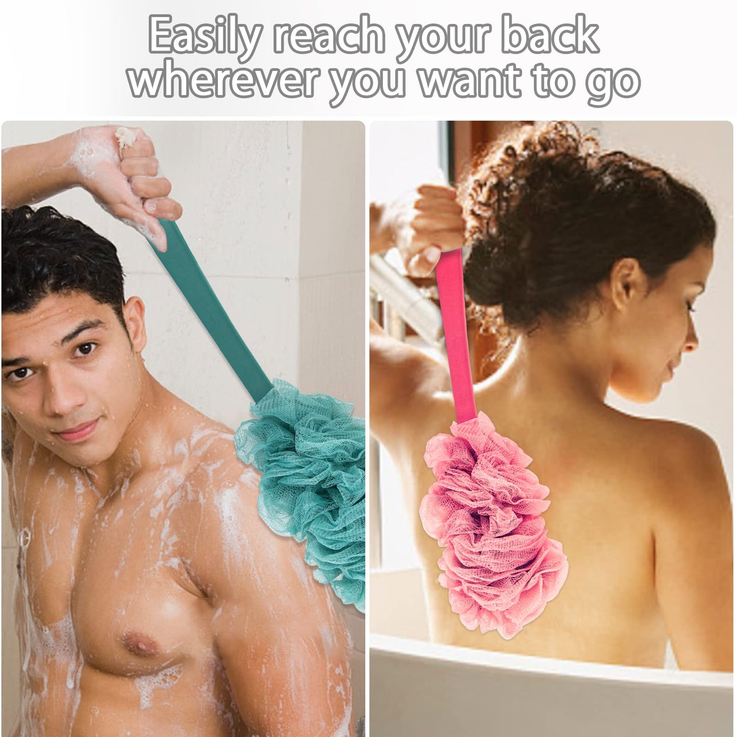 Evmliy 2Pack Back Scrubber for Shower, Loofah Sponge Brush Exfoliating Body, Long Handle Scrub Brush for Shower with Loofah on a Stick for Back Use