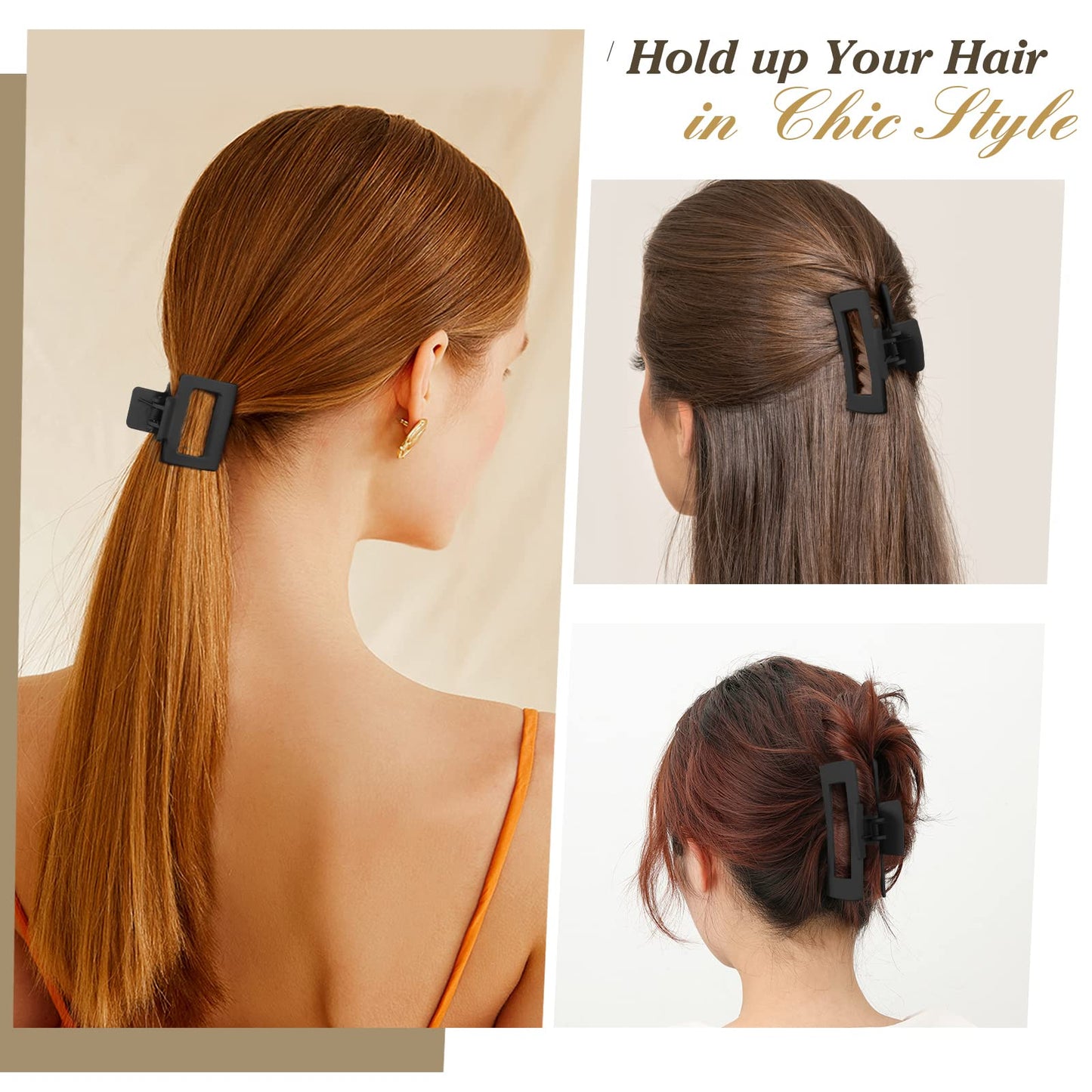 Shinowa 3 Pack Hair Claw Clips, Square Rectangular Claw Hair Clips for Women Girls, Non-slip Matte Large Medium Small Hair Clips, Strong Hold Jaw Clip