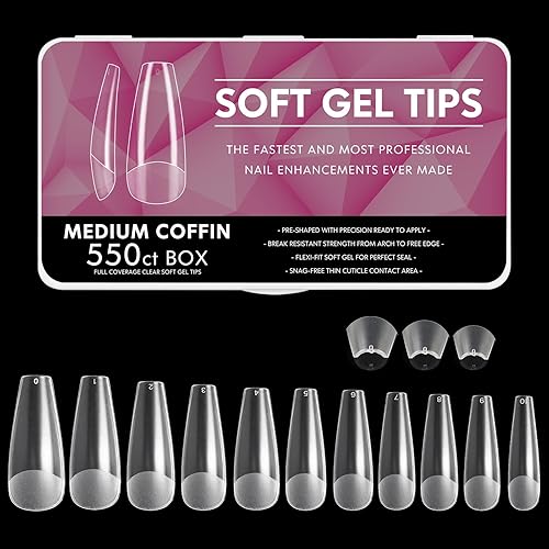 Cycullinyt 550pcs Coffin Soft Gel Nail Tips, 11 Sizes Medium Coffin Half Matte Nails Full Cover Acrylic Press on False Nail Tips No Trace