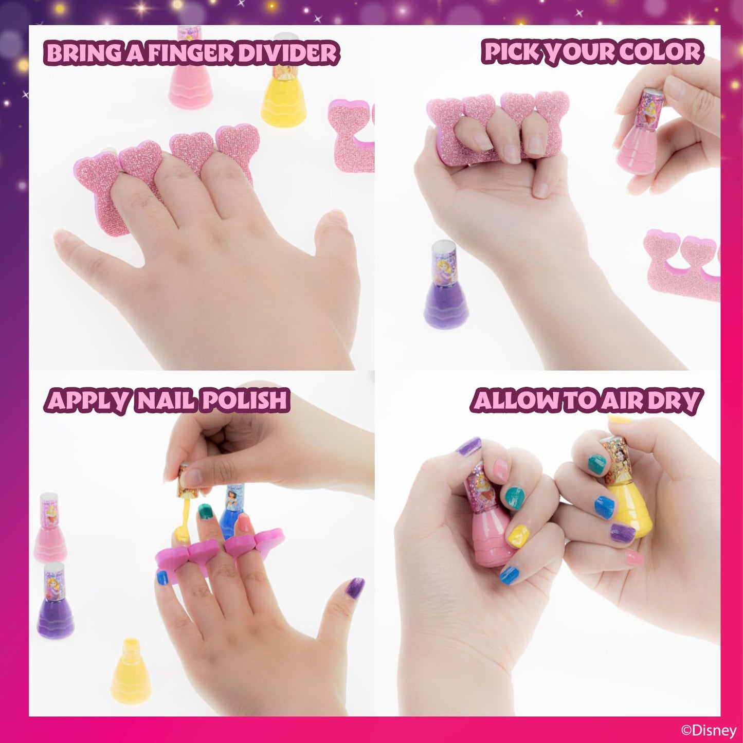 Townley Girl Disney Princess Non-Toxic Water-Based Peel-Off Quick Dry Nail Polish with Nail Separators|Gift Kit Set for Kids Girls|14 Pc Set - Perfect