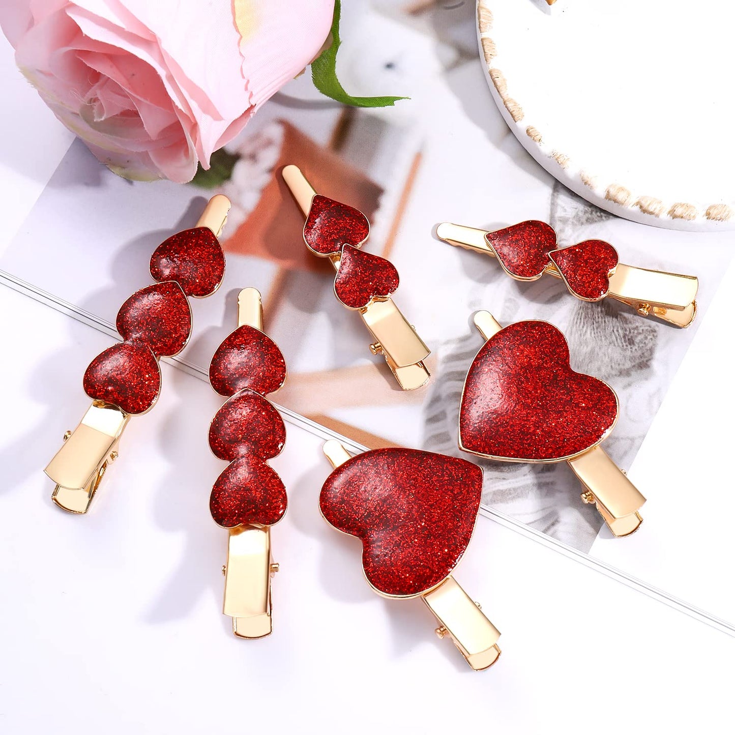 MOLOCH 6PACK Valentine'Day Hair Clips for Women Red Glitter Heart Hair Clip Hairpins Stylish Hair Barrettes Valentines Gifts for Daughter Red