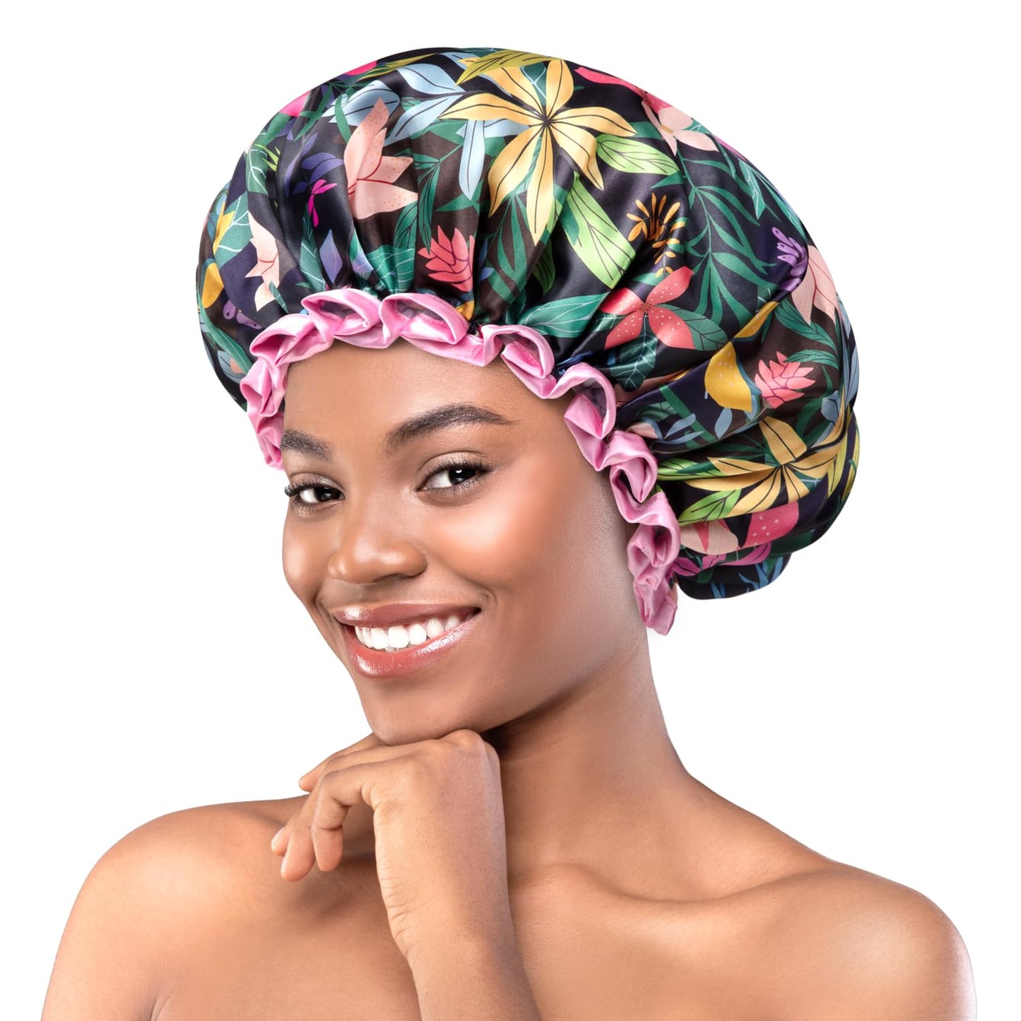 mikimini Shower Cap for Women and Grils,Pack of 1,Rainforest Bath Shower Caps with Pink Lace,Reusable Waterproof Shower Hat for Girls (Medium,Floral)