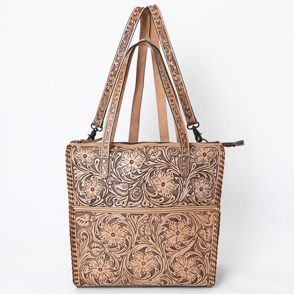 American Darling Hand-Tooled Floral Leather Backpack Tote for Women - Genuine Western Convertible Bag with Adjustable Straps and Dual Handles