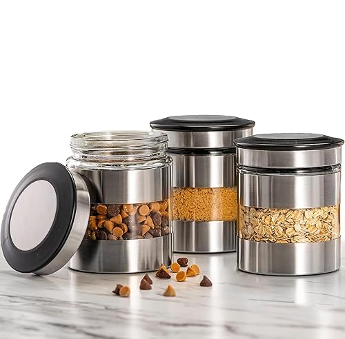 Le'raze Quality Stainless Steel Canister Set of 3 for Kitchen Counter with Glass Window & Airtight Lid - Food Storage Containers with Lids Airtight…