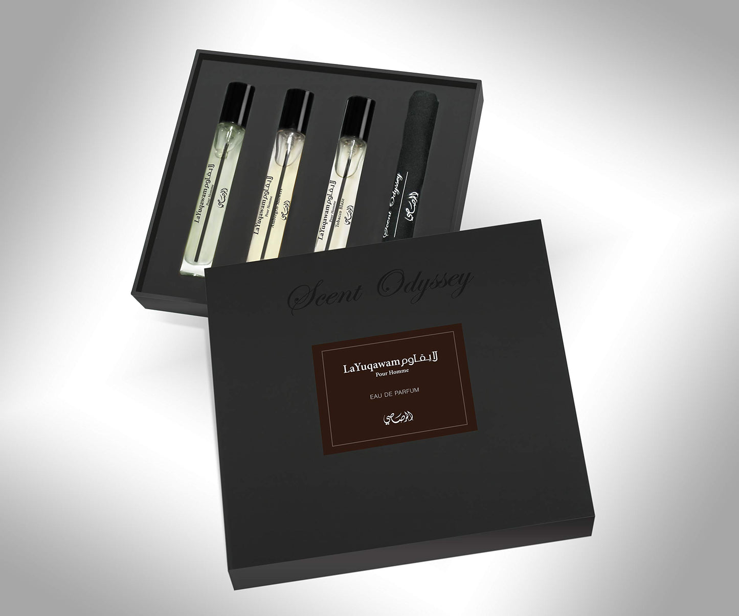 Rasasi Scent Odyssey - La Yuqawam for Men - 3 Pc Gift Set 0.25oz LaYuqawam Pour Homme EDP Spray, 0.25oz Ambergris Showers EDP Spray, 0.25oz Tobacco