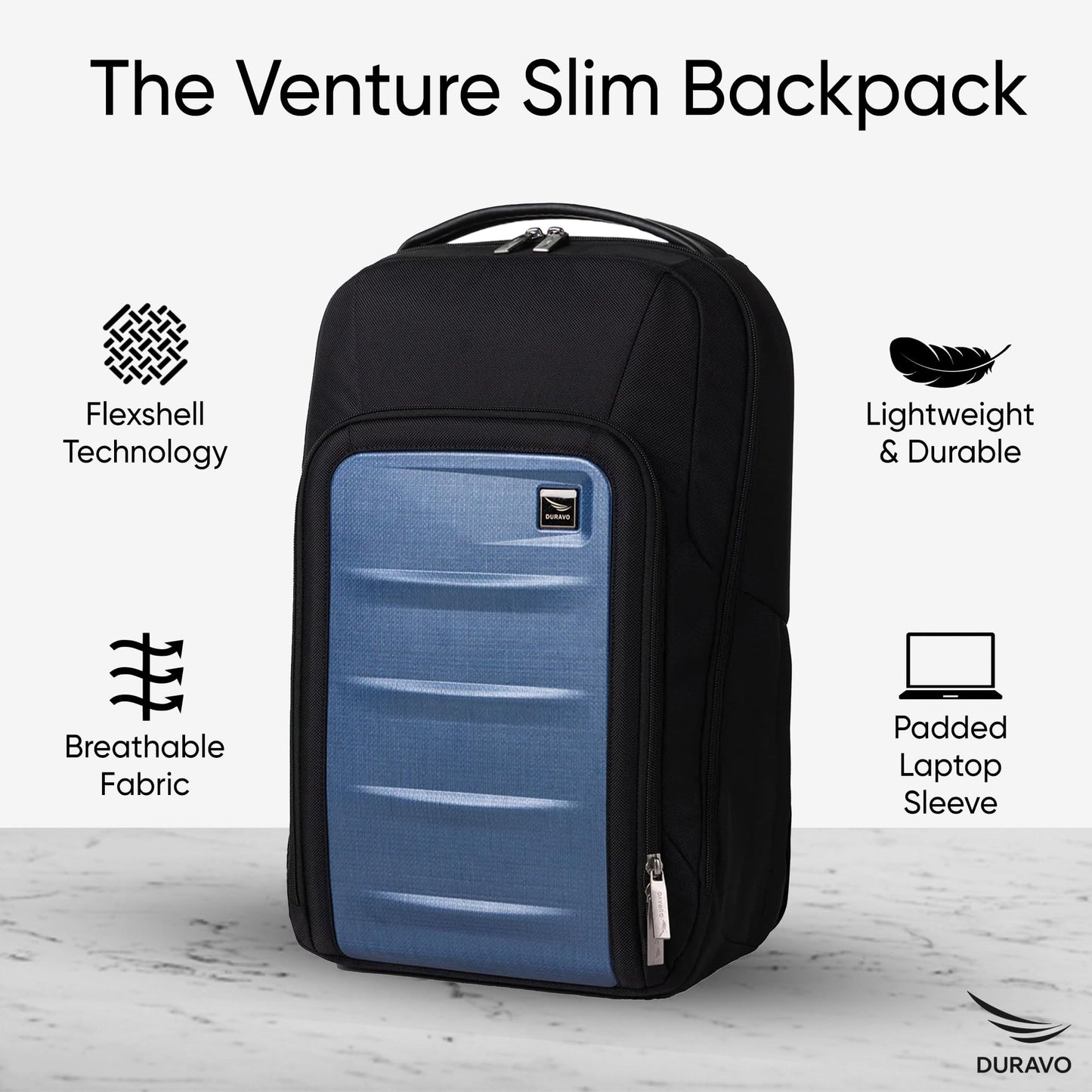 Duravo Venture Slim Laptop Backpack, Durable, Sleek, Flight Approved, Fits Up to 17" Laptop, Breathable, Lightweight (Blue, Slim)
