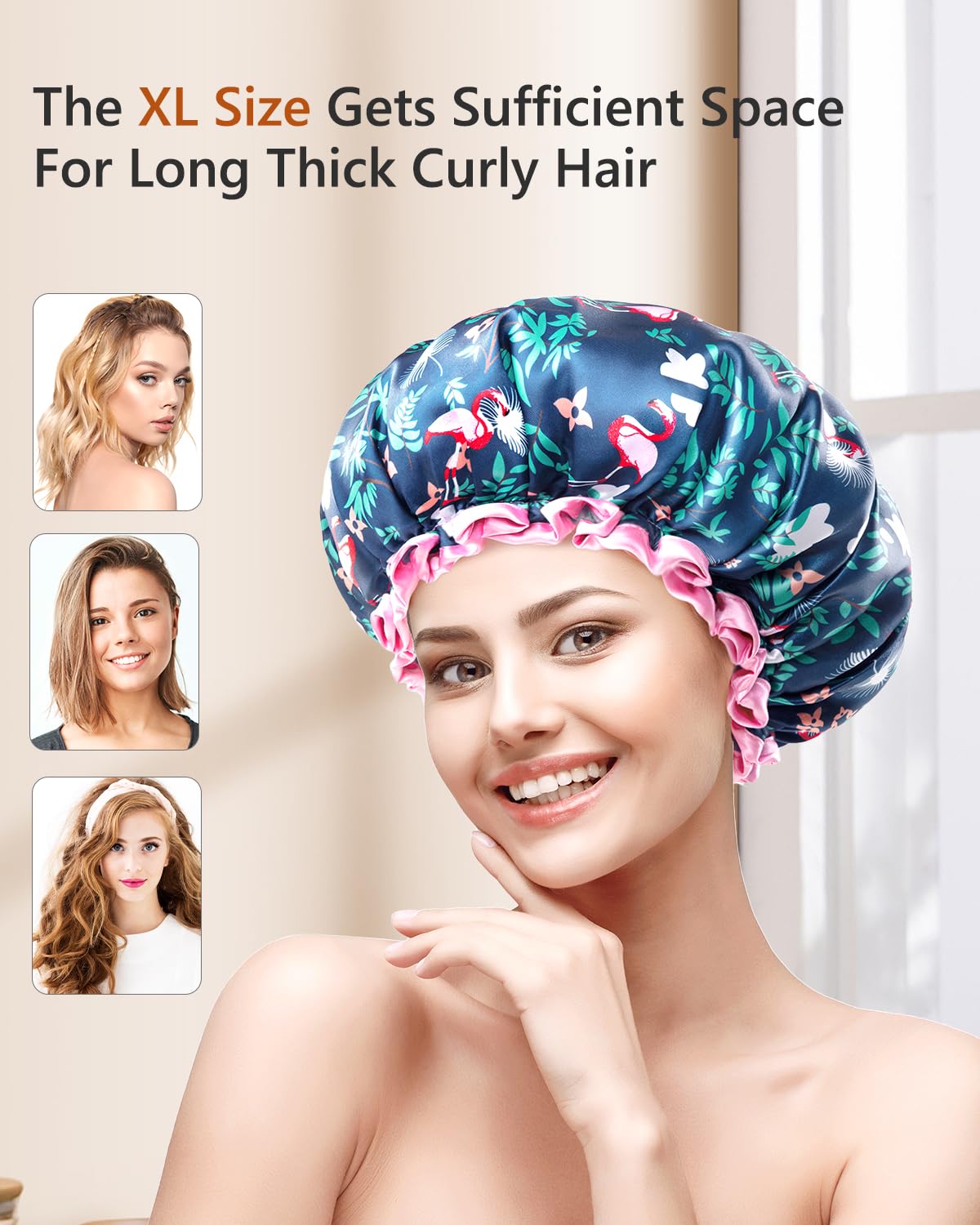 mikimini Large Shower Cap for Women Long Hair, Flamingo Shower Caps with Pink Lace, Double-layer Waterproof, Reusable, Washable,X-Large (Pack of 1)
