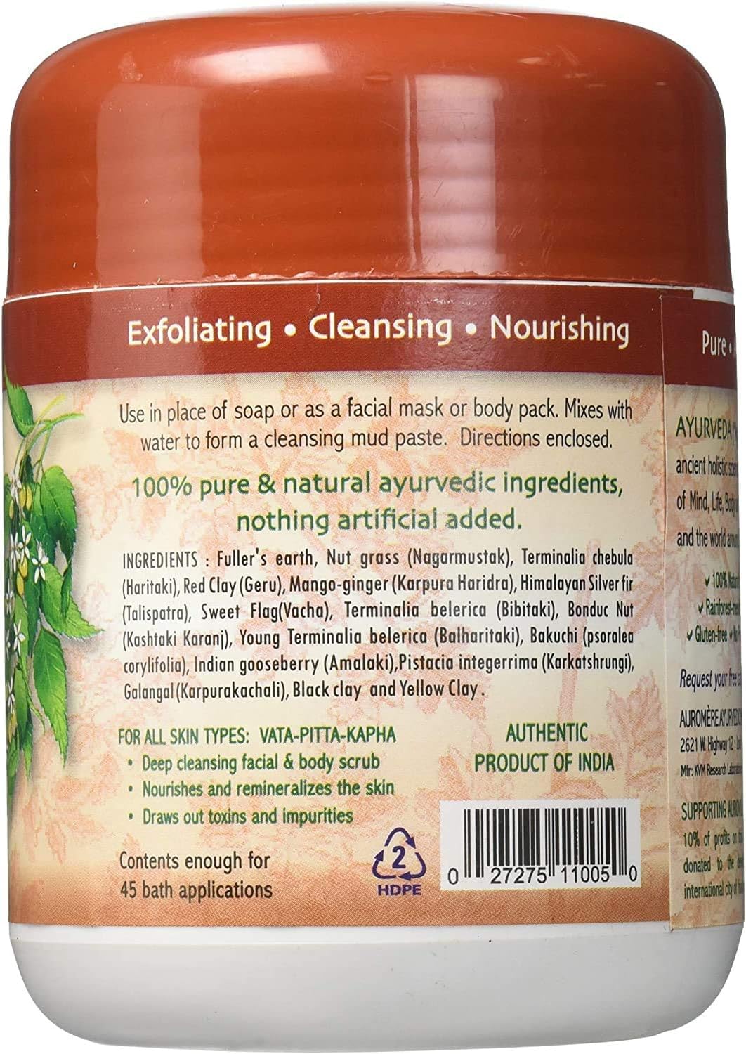 Auromere Ayurvedic Indian Healing Clay Mask for Natural Skin Care - Exfoliating Body Scrub and Facial Mask for Skin and Face Care - Mud Mask Unclogs