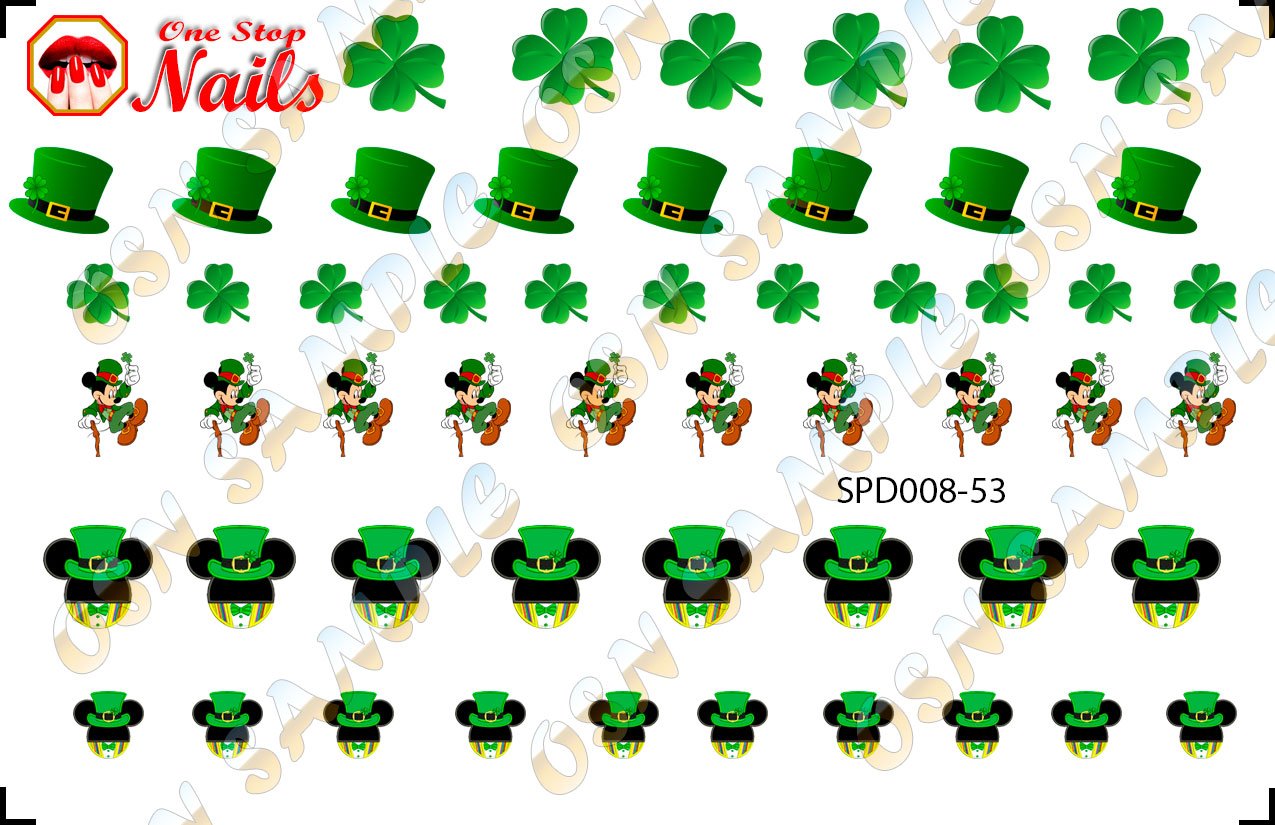 St Patrick's Day Nail Art Decals (Tattoo). Shamrock, Mickey, Hat, Skull, Clover, Luck. Set of 53 Waterslide Nail Art Decals. OSN-SPD008-53 by One Stop Beauty & Personal Care One Stop Nails