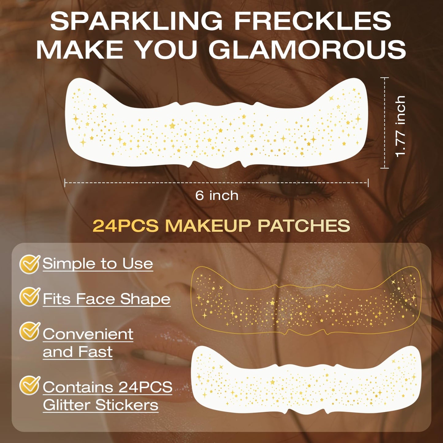 Leterly 24 Pcs Glitter Freckles Face Tattoo,Gold Face Glitter Makeup Patches Cute Sparkle Freckles Patches Waterproof Makeup Speckles for Face